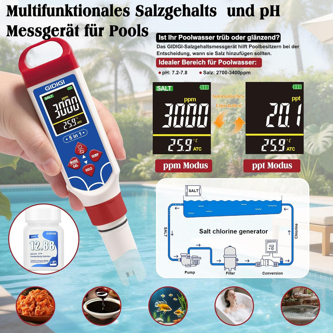 Digitales Schwimmbad-Salzgehaltsmessgerät, 5-in-1 pH- und TDS-Messgerät, geeignet für Meerwasser-Sch