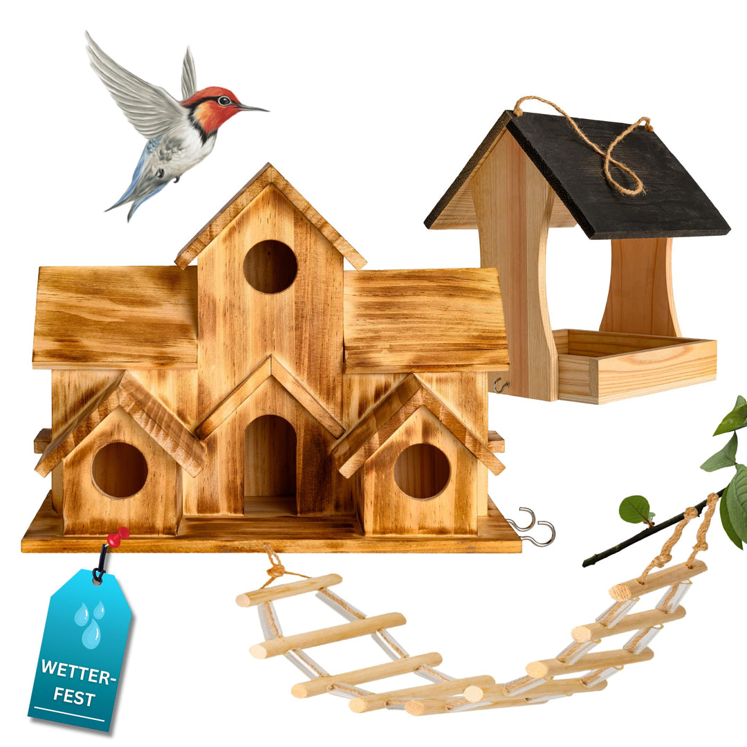 growpile Vogelhaus-Box grosses Vogelhaus mit 5 Nistplätzen und Kleiner Leiter und einem Vogelfutterh