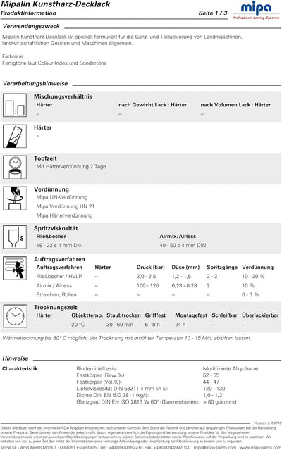 MIPA Mipalin Kunstharzlack ,Fahrzeuglack RAL FARBWUNSCH 1 Liter