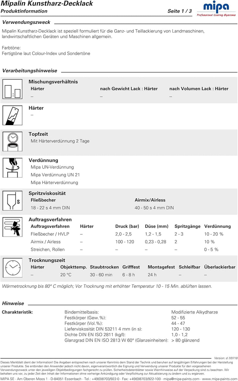 MIPA Mipalin Kunstharzlack ,Fahrzeuglack RAL FARBWUNSCH 1 Liter