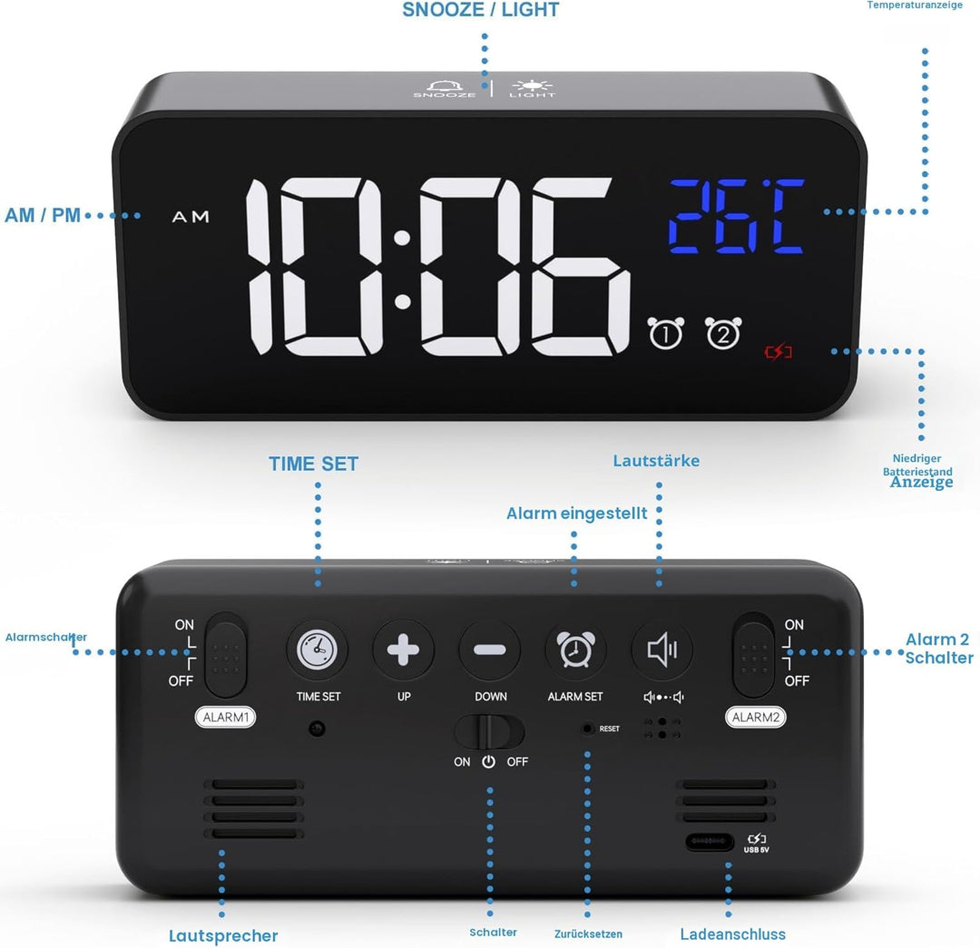 CHEREEKI Digitaler Wecker, LED Digitaluhr mit Temperaturanzeige Tragbarer Spiegelalarm Tischuhr mit