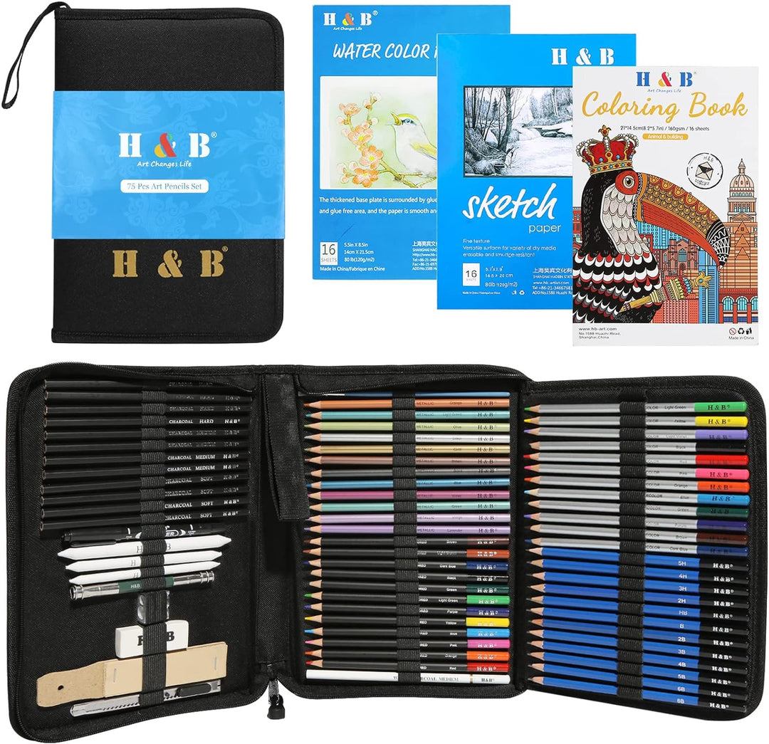 75 Stück Zeichenstifte Set , Skizzierstifte Set, Zeichnung Bleistifte Werkzeug mit Skizzenbuch Geeig
