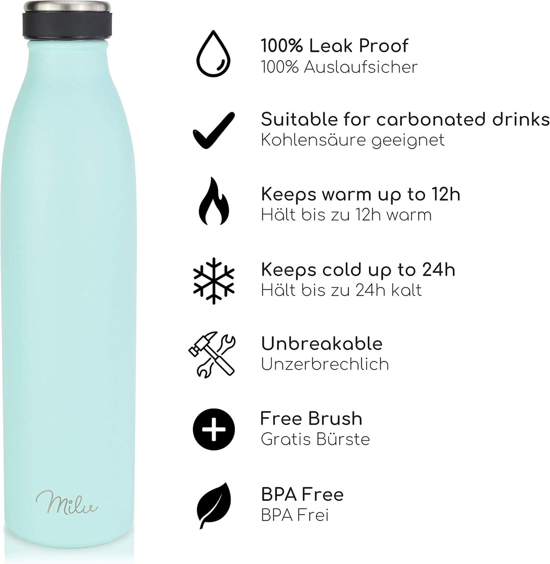 Milu Thermoflasche 350ml 500ml 750ml 1L 1,5L Isolierte Edelstahl Trinkflasche, Thermoskanne Auslaufs