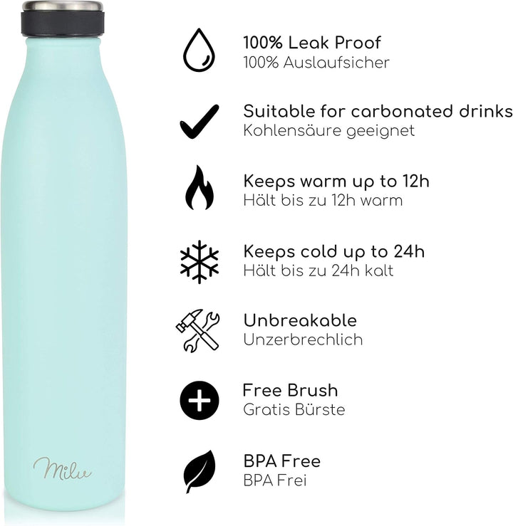Milu Thermoflasche 350ml 500ml 750ml 1L 1,5L Isolierte Edelstahl Trinkflasche, Thermoskanne Auslaufs