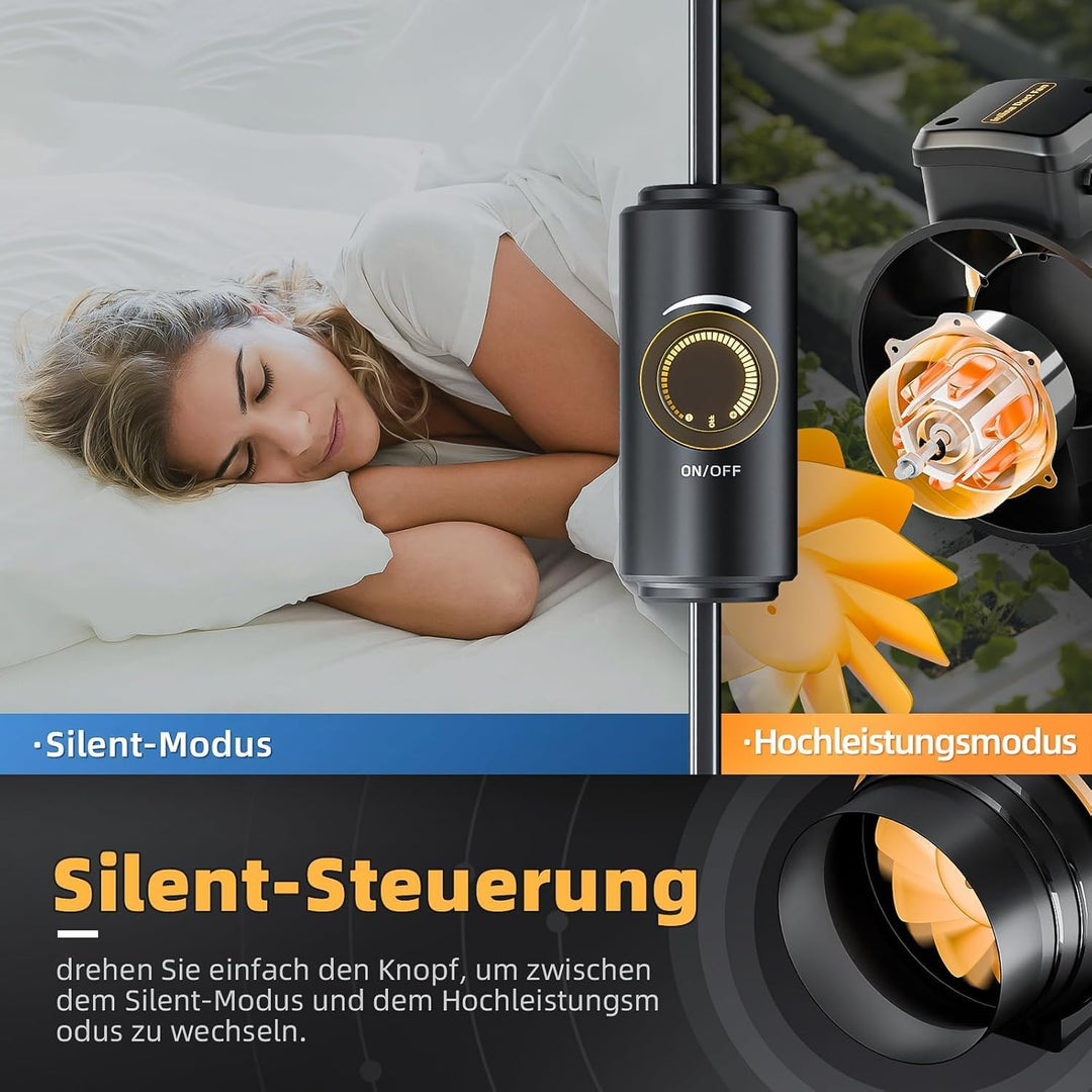 Regelbarer Rohrventilator 100mm mit Drehzahlregler, leiser Inline Abluftventilator Belüftung mit Dop