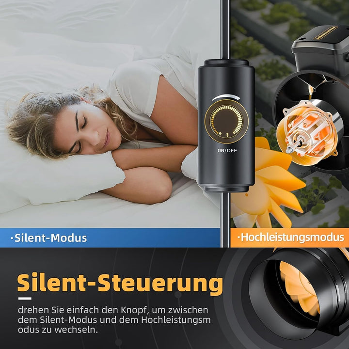 Regelbarer Rohrventilator 100mm mit Drehzahlregler, leiser Inline Abluftventilator Belüftung mit Dop