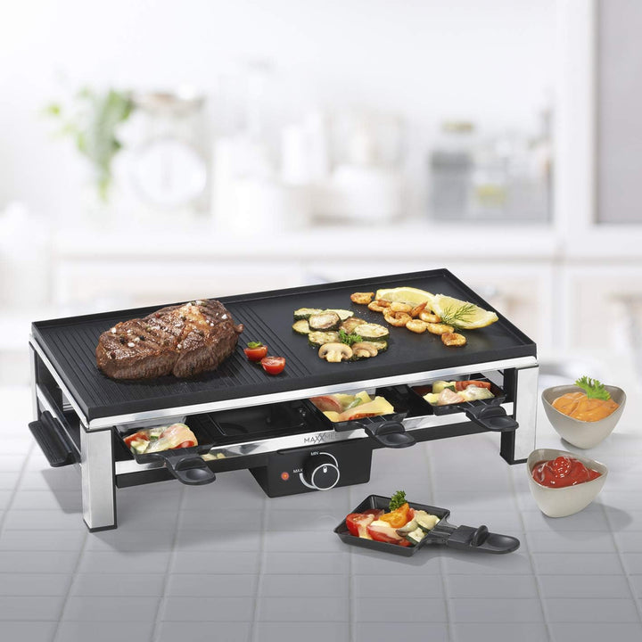 MAXXMEE Raclette Grill für 8 Personen - 2000W | Clevere Kombination: Raclette & Grill in einem | Alu