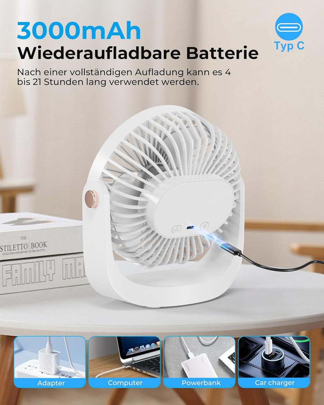 Ventilator Leise - Tischventilator mit Nachtlicht，3000mAh USB Wiederaufladbarer Kleiner Ventilator,