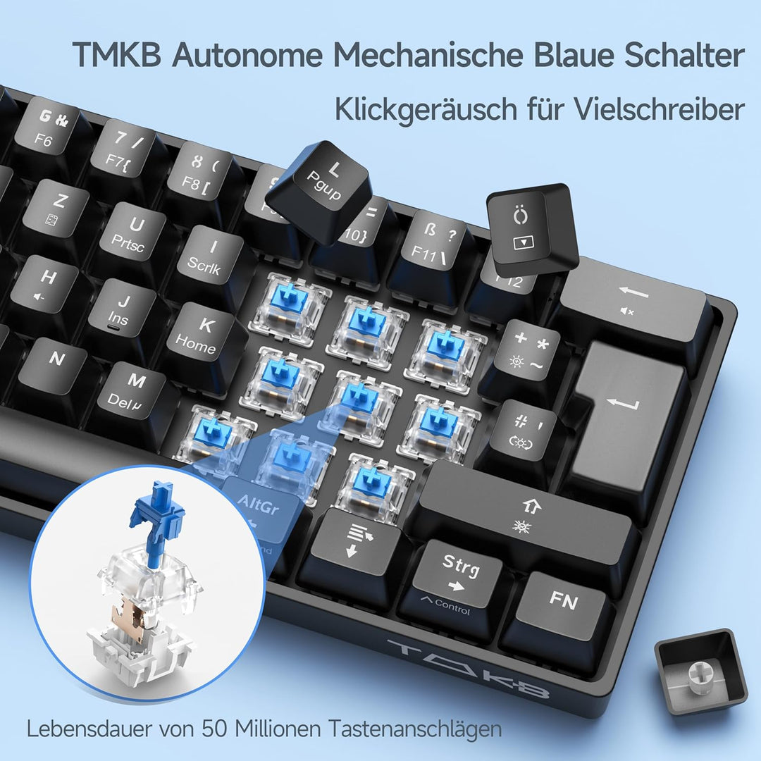 TMKB T61SE Gaming Mechanische Tastatur mit Deutsches QWERTZ Layout,Blauer Schalter,Schwarz QWERTZ La