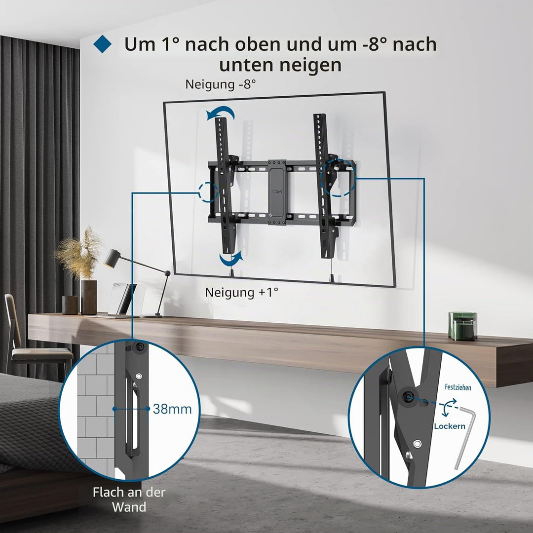 BONTEC TV Wandhalterung, Neigbare Halterung für 37-82 Zoll Flach & Curved LED/LCD/OLED/Plasma Fernse