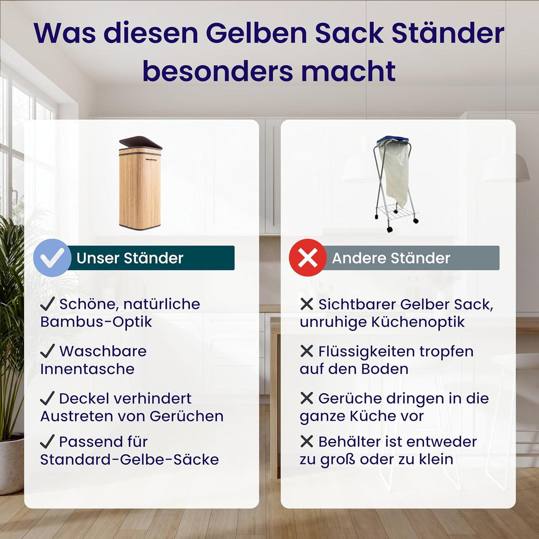 Gelber Sack Ständer I 80L, aus Bambus I Stabiler Müllsackständer mit Deckel I Extra für gelbe Säcke