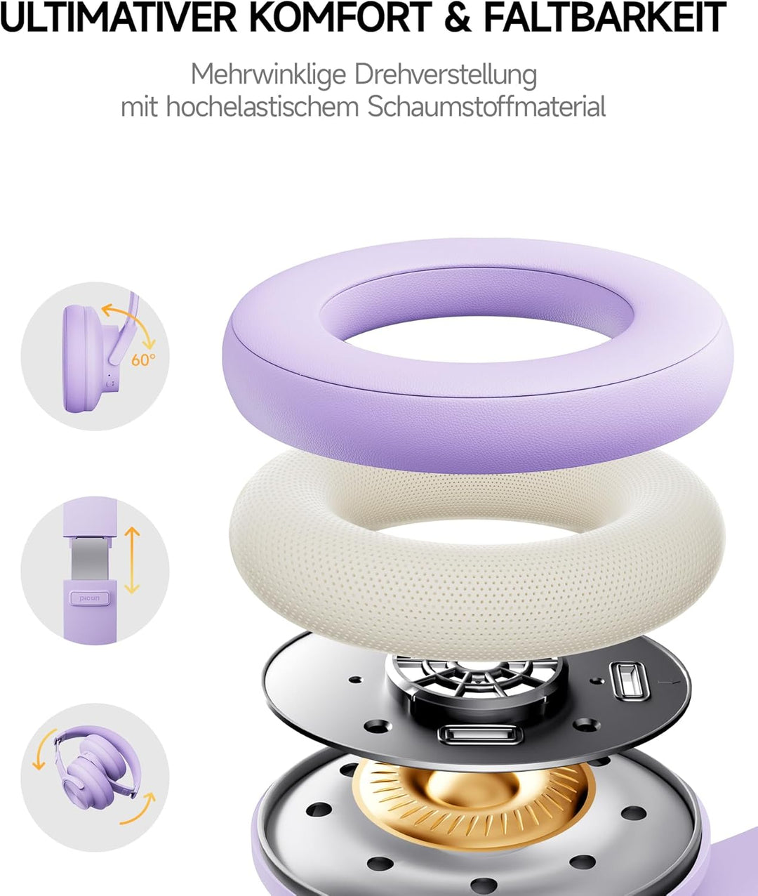 Picun B8 Kopfhörer, kabellos, Bluetooth, 120H Bluetooth-Kopfhörer über Ohr mit 3EQ-Musikmodi, Freisp