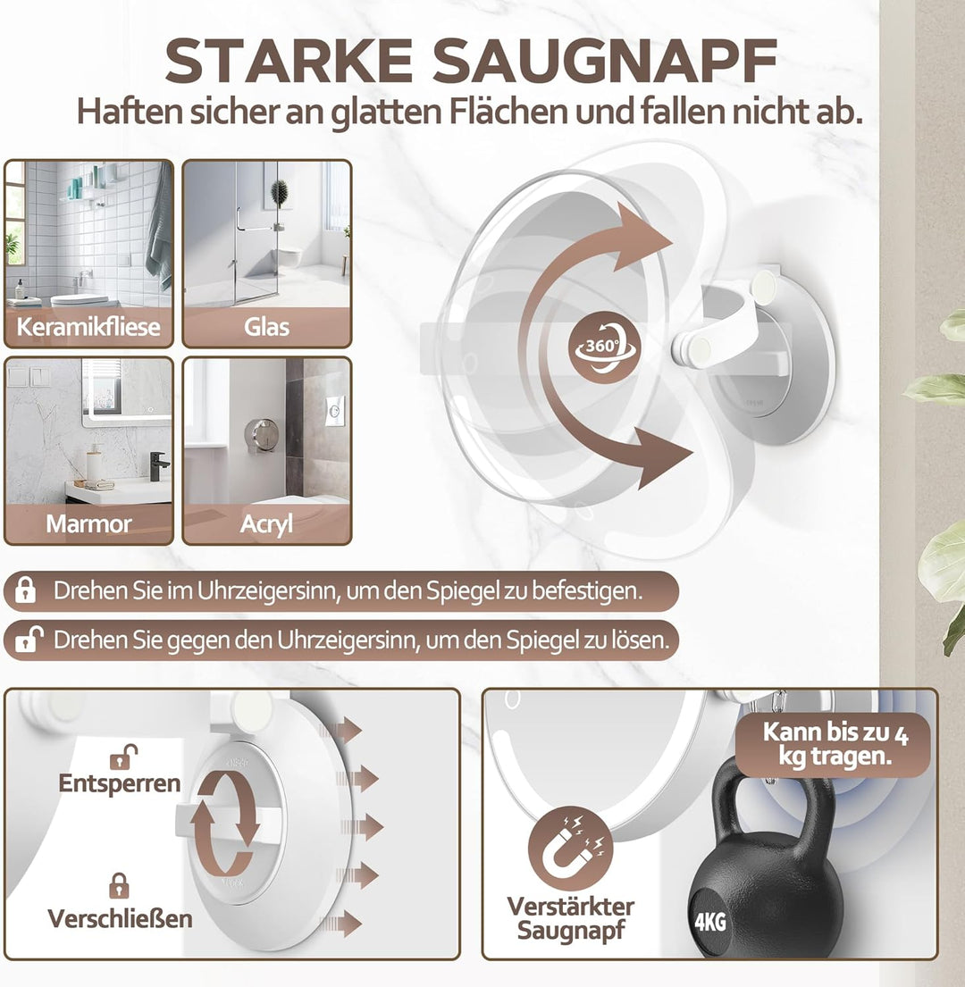 Vergrösserungsspiegel mit Saugnapf 30 Fache, Doppelseitiger Kosmetikspiegel mit Beleuchtung, EIN Bad