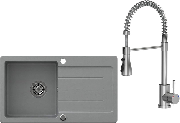 VBChome Spülbecken Grau mit Armatur 77 x 44 cm Granit Einzelbecken Einbauspüle gesprenkelt reversibe