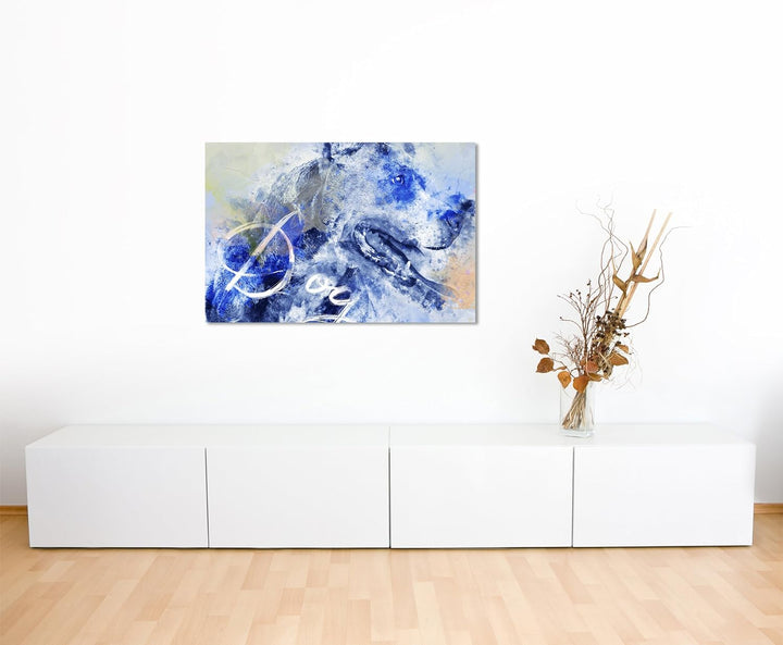 Paul Sinus Art Bild Leinwand 120x80cm Hechelnder Hund in Blautönen mit Kalligraphie, 120x80cm