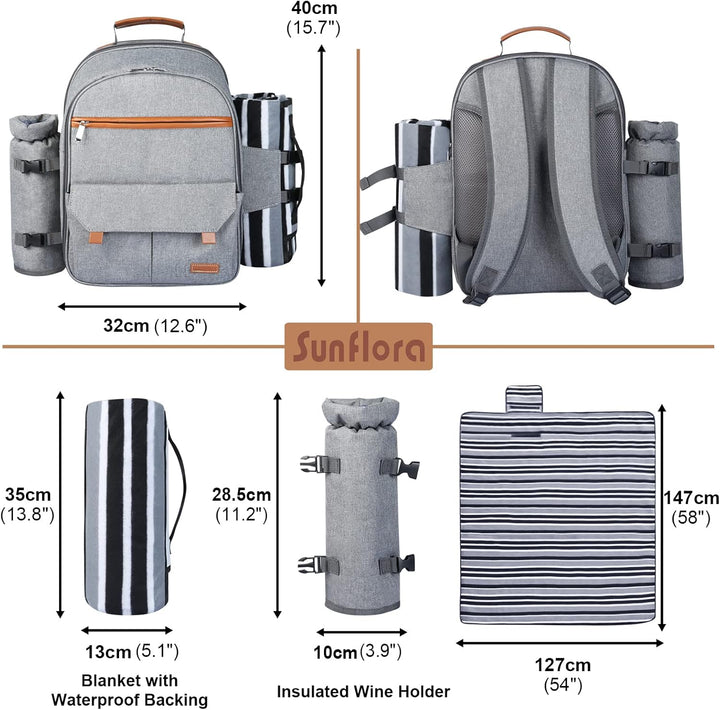 Sunflora Picknick Rucksack Set 2 Personen mit Isoliertem Kühlung und Decke, Picknickkorb 2 Personen