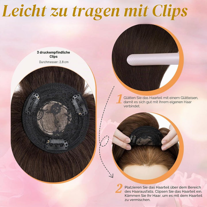 Elailite Hair Topper Echthaar, Toupet Damen mit langem Pony, Clip in Haarteil, Haartopper Basis 10x1