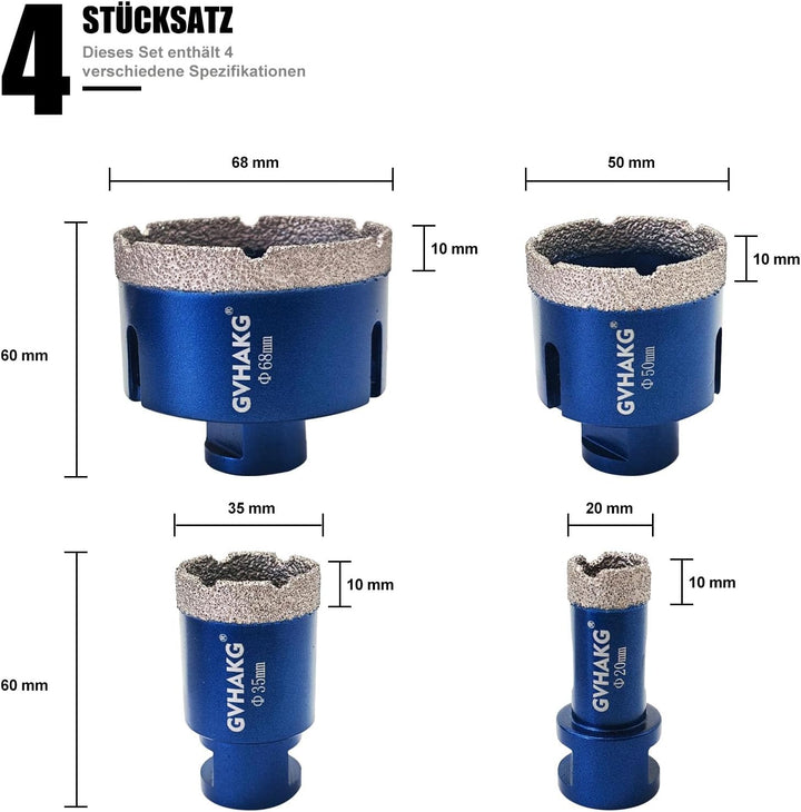 GVHAKG 4 stücke Diamantbohrer Fliesenbohrer Set mit M14 Gewinde,Diamantbohrer Lochsäge(20/35/50/68mm