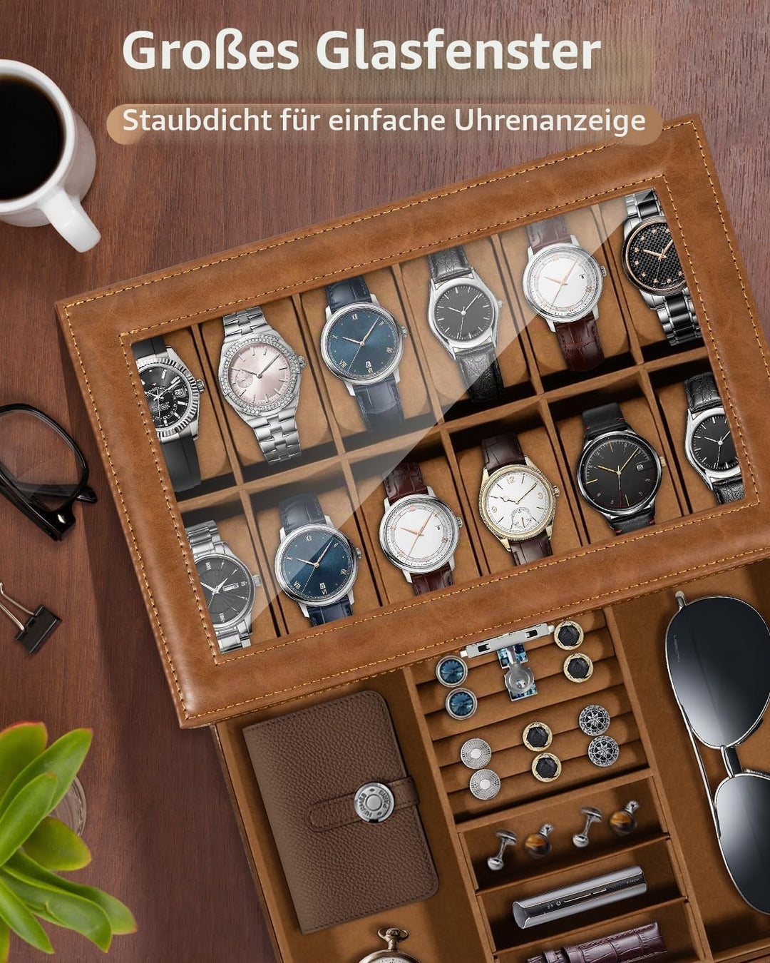 Uten Uhrenbox, 12 Fächern und 1 Schublade mit Schlüsselschloss, Glasdeckel, Braunes PU, Braunes Samt