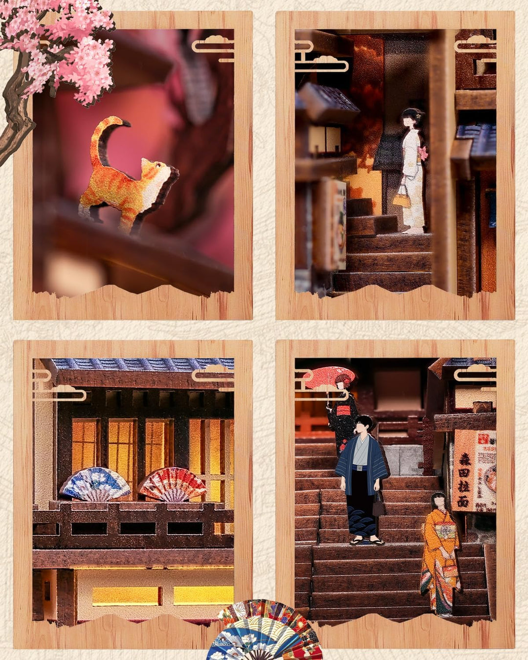 CUTEBEE 3D-Holzmodell Bausatz mit LED-Warmlicht, Japan Kyoto Strasse Bücherregal-Einsatz, Miniaturha