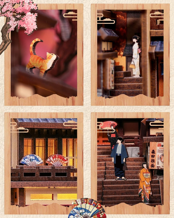 CUTEBEE 3D-Holzmodell Bausatz mit LED-Warmlicht, Japan Kyoto Strasse Bücherregal-Einsatz, Miniaturha