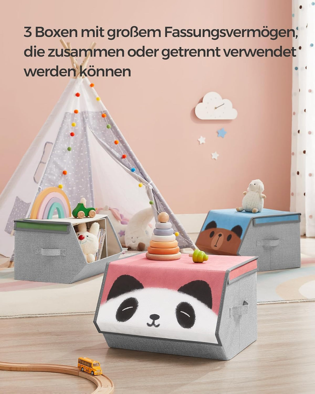 SONGMICS Aufbewahrungsboxen, 3er Set, Faltboxen, Stoffboxen mit Griffen, Organizer, magnetischer Dec
