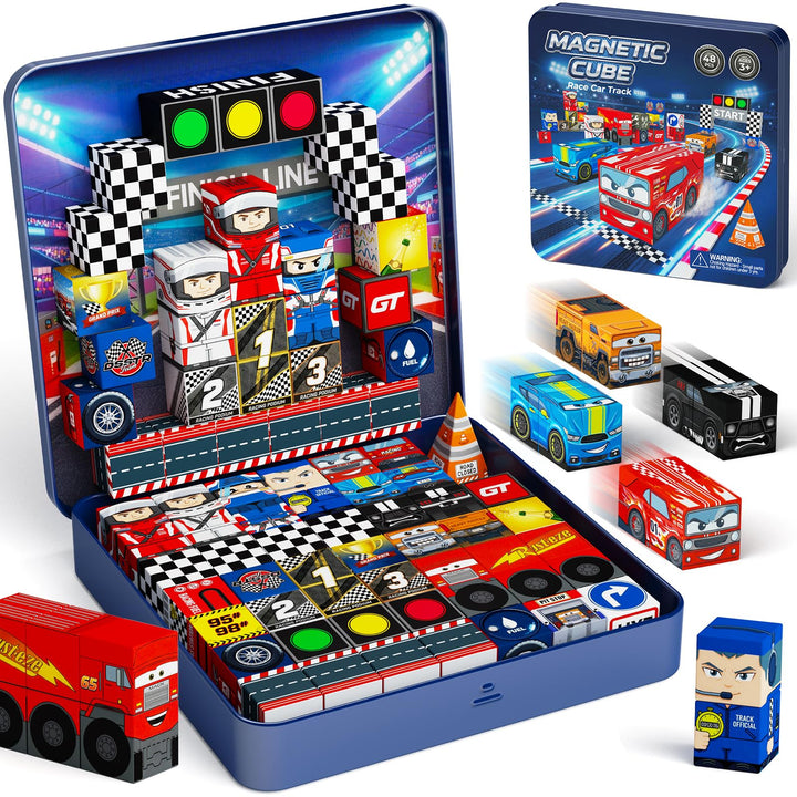 Magnetbausteine Jungen Reise: 48pcs Rennsport-Set in Reise Metalldose – N32 Starke Magnete für siche