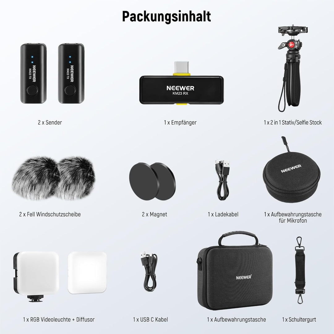 NEEWER Vlogging Set für Handy mit RGB LED Licht/Lavalier Funkmikrofon System/Mini Stativ/Handy Käfig