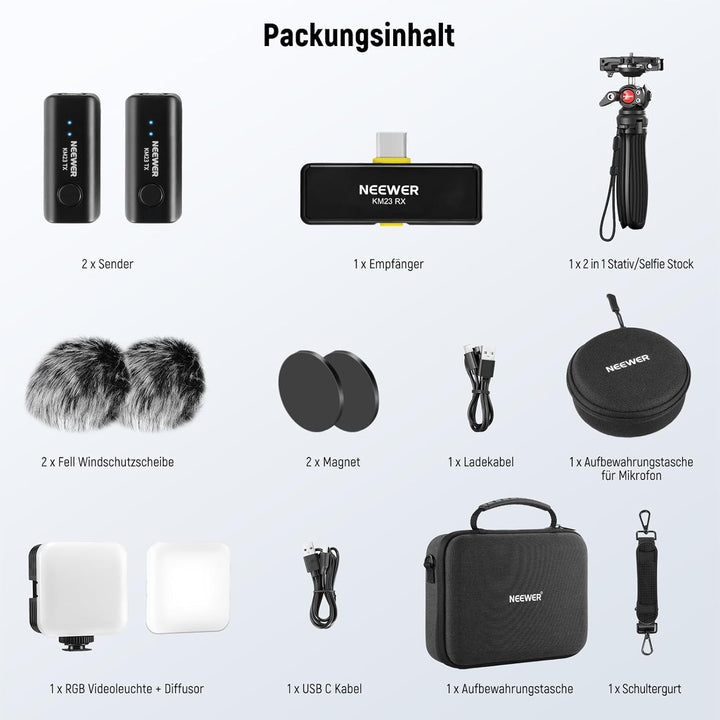 NEEWER Vlogging Set für Handy mit RGB LED Licht/Lavalier Funkmikrofon System/Mini Stativ/Handy Käfig