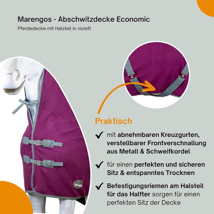 Marengos - Abschwitzdecke Economic mit Halsteil | Pferdedecke m. Kreuzgurt, Metallverschluss, Schwei