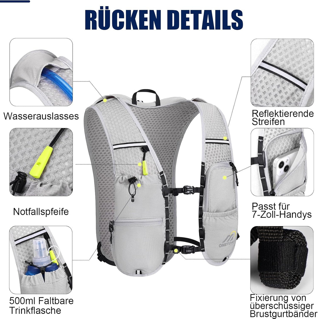 Laufweste Damen mit 500ml Trinkflasche/2L Trinkblase, Leichter Trinkrucksack Laufen Herren 6L, Runin