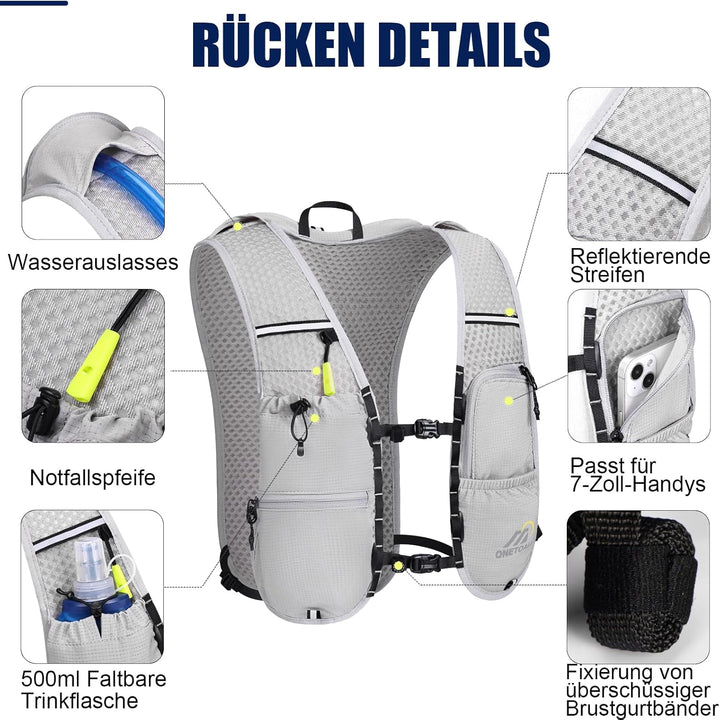 Laufweste Damen mit 500ml Trinkflasche/2L Trinkblase, Leichter Trinkrucksack Laufen Herren 6L, Runin