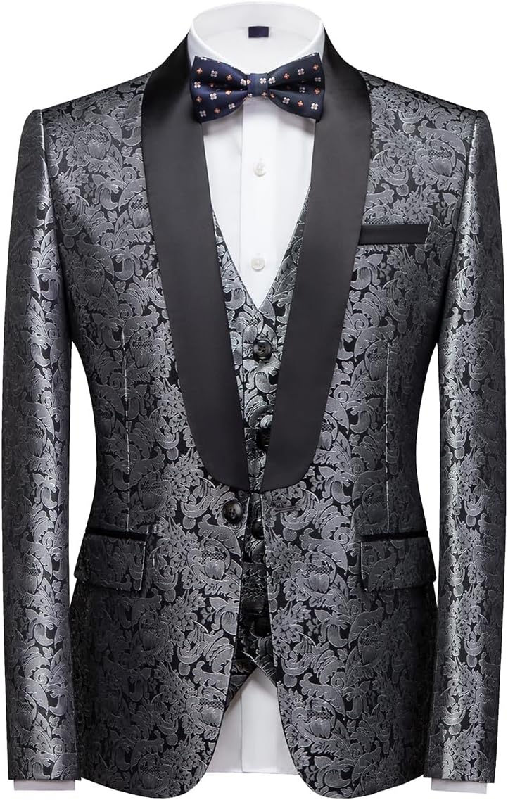 KUDORO Herren Anzüge 3-Teilig Slim Fit Paisley für Hochzeit Party Eine Knöpfe Jacquard Smoking Herre
