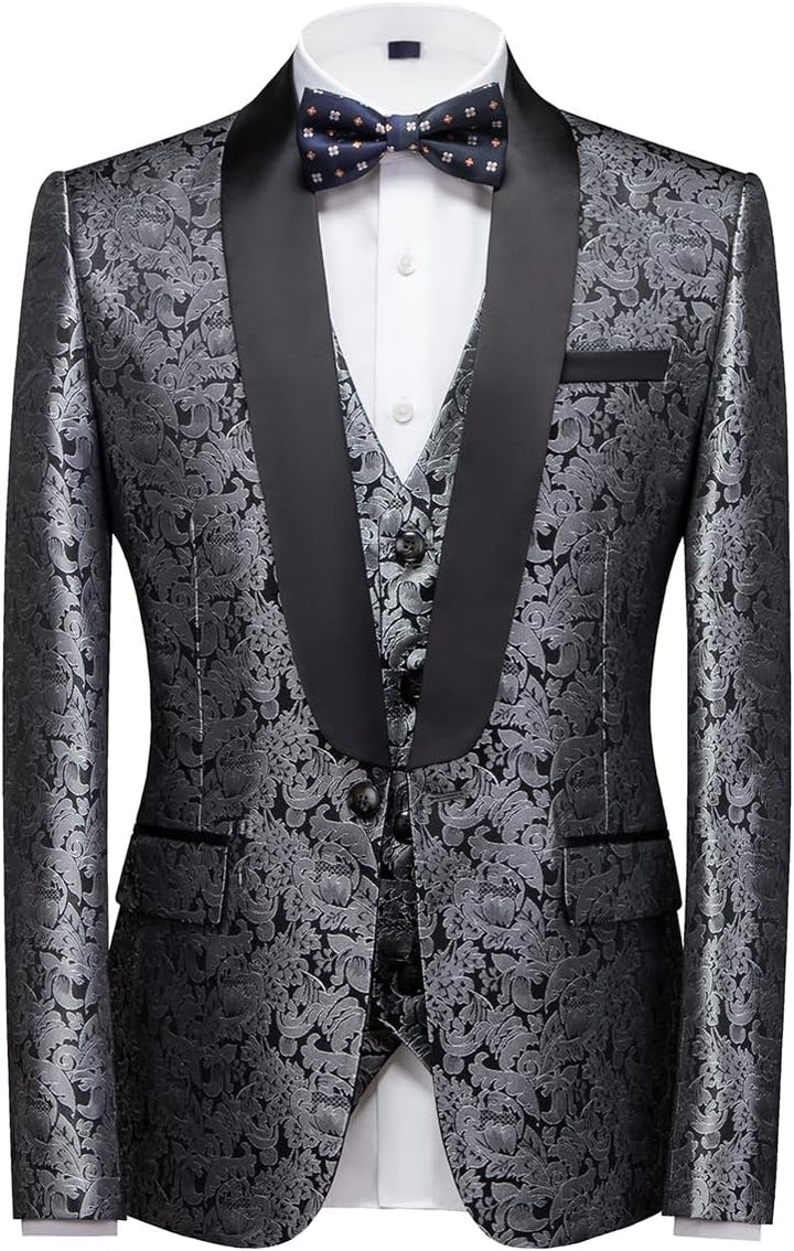 KUDORO Herren Anzüge 3-Teilig Slim Fit Paisley für Hochzeit Party Eine Knöpfe Jacquard Smoking Herre