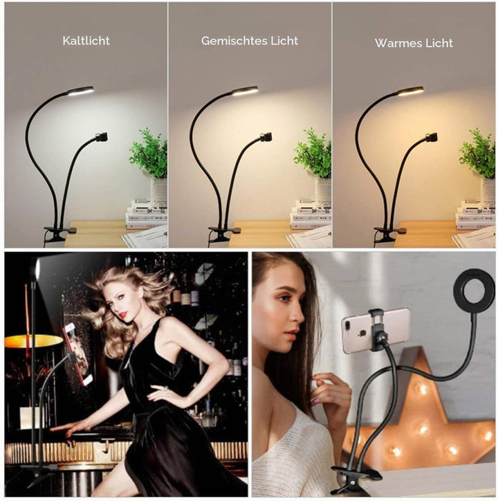 D90DS LED Ringlicht 9cm mit Smartphonehalter - Dimmbare Ringleuchte mit 3 Farbmodi, 10 Helligkeitsst