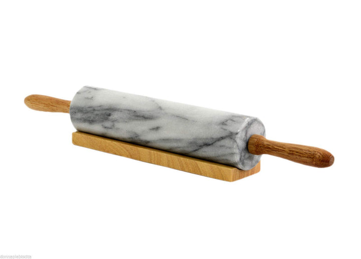 Cbam Teigroller aus weissem Marmor, mit Holzbasis, Horwood Rolling Pin & Stand