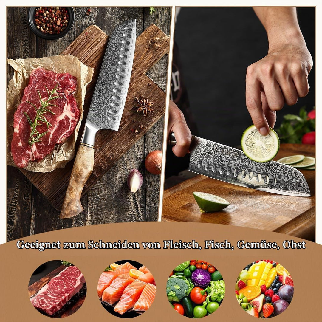 HEZHEN Damast Santoku Messer, Asiatisches Küchenmesser Japanischer Stil, Figaro Bergahorn Holzgriff,