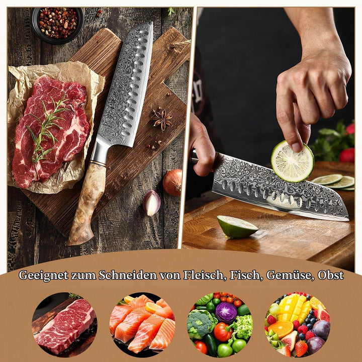 HEZHEN Damast Santoku Messer, Asiatisches Küchenmesser Japanischer Stil, Figaro Bergahorn Holzgriff,