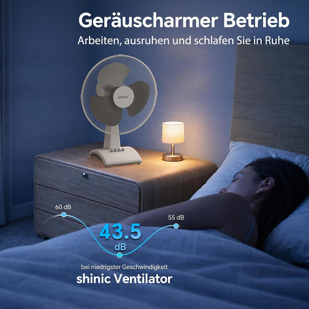 shinic Tischventilator 30 cm, 3 Geschwindigkeiten, Tischventilator sehr leise mit Oszillation, höhen