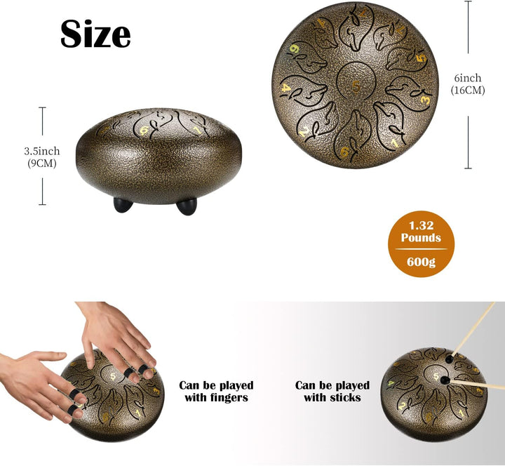 Zungentrommel 11 Noten 6 Zoll, Tongue Drum Kohlenstoffstahl Steel Drum,Tragbare ätherische Trommel m