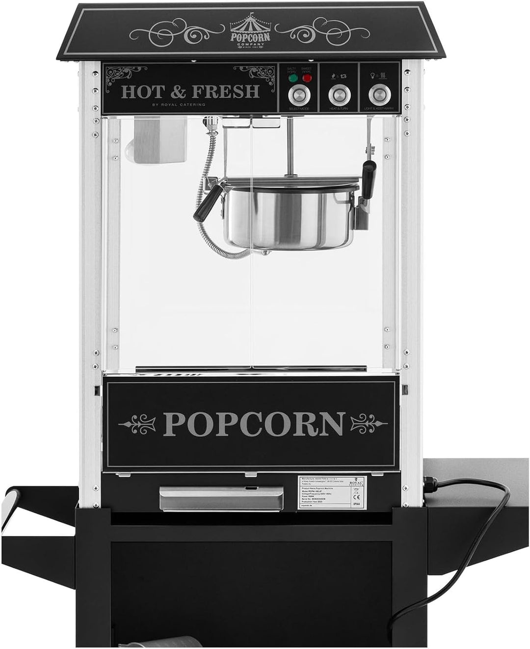 Royal Catering RCPW-16E-2F Popcornmaschine mit Wagen Retro-Design 150 / 180 °C 2 Temperaturen für sü