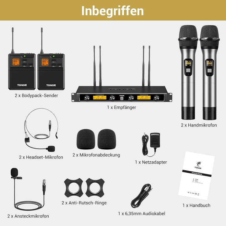 TONOR 4-Kanal UHF Mikrofon Kabellos Set mit Handmikrofon/Bodypack Transmitter/Headset Funkmikrofon/L