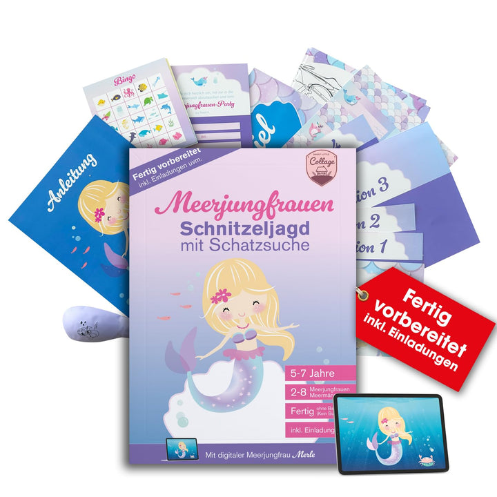 Schnitzeljagd Schatzsuche Meerjungfrau, 5-7 Jahre – Komplettes Set mit Einladungskarten digitaler Me