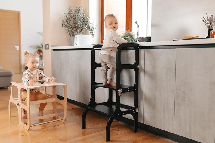 Klappbarer Lernturm mit Sitzfunktion, 45 cm Stehhöhe, Step’n’Sit, Lernturm mit Sitz und Tisch umklap