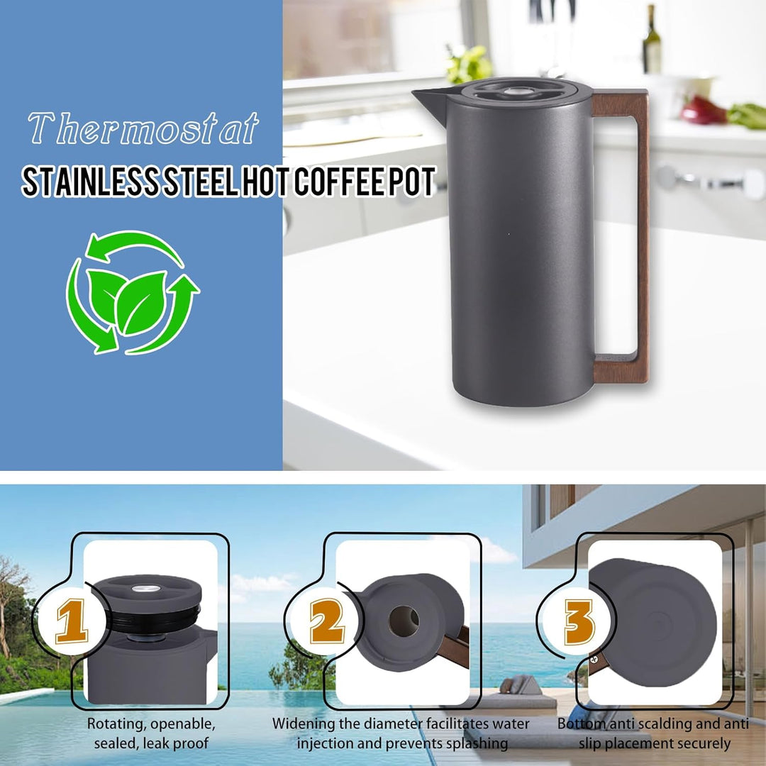 Thermoskanne Kaffeekannen Edelstahl Vakuum Isolations, Mit Holzgriff Und Einfachem Sicherheitsdruckk