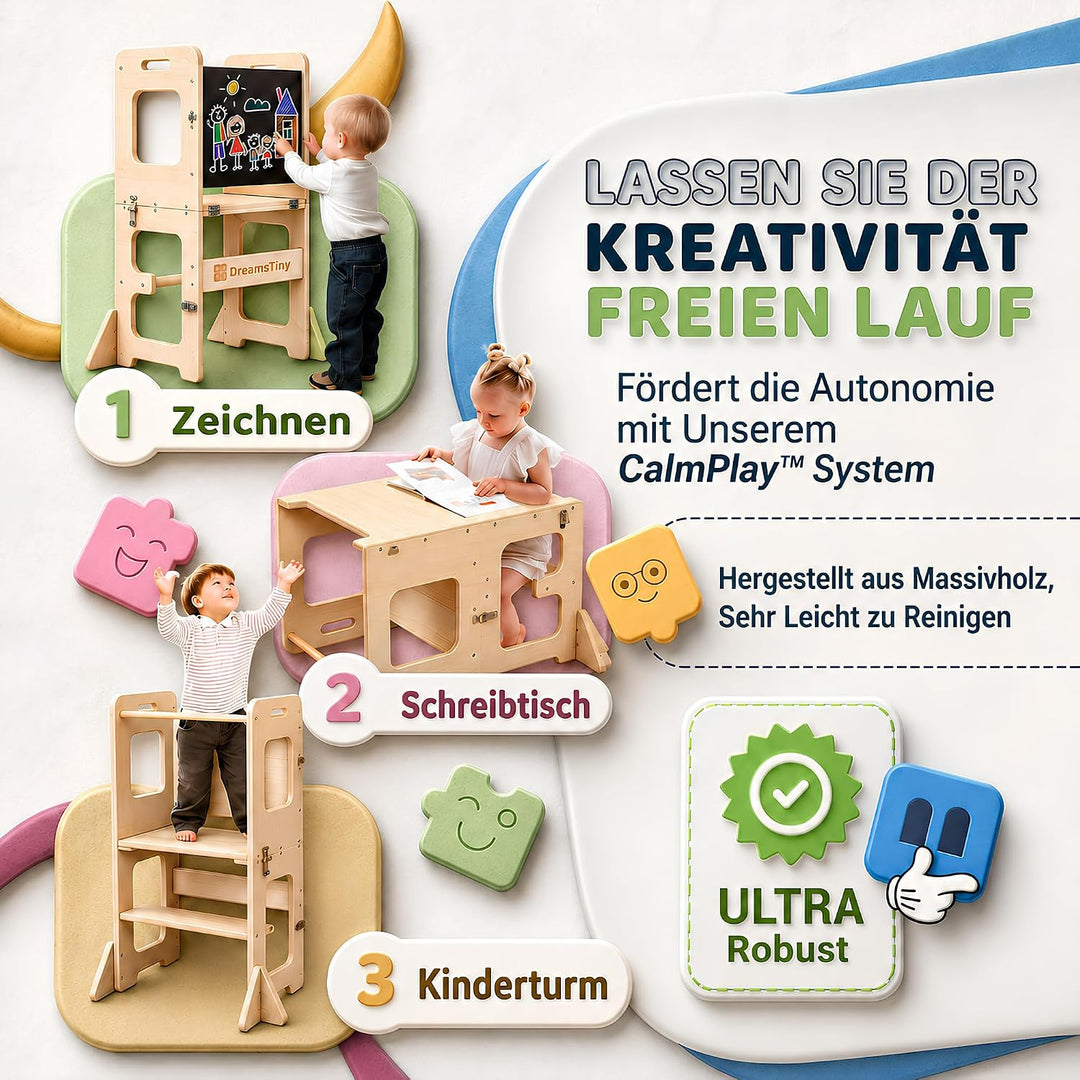 Lernturm ab 1 Jahr Klappbar 3-in-1, Lernturm mit Rausfallschutz | Inklusive Xylophon, Malbuch, Bunts