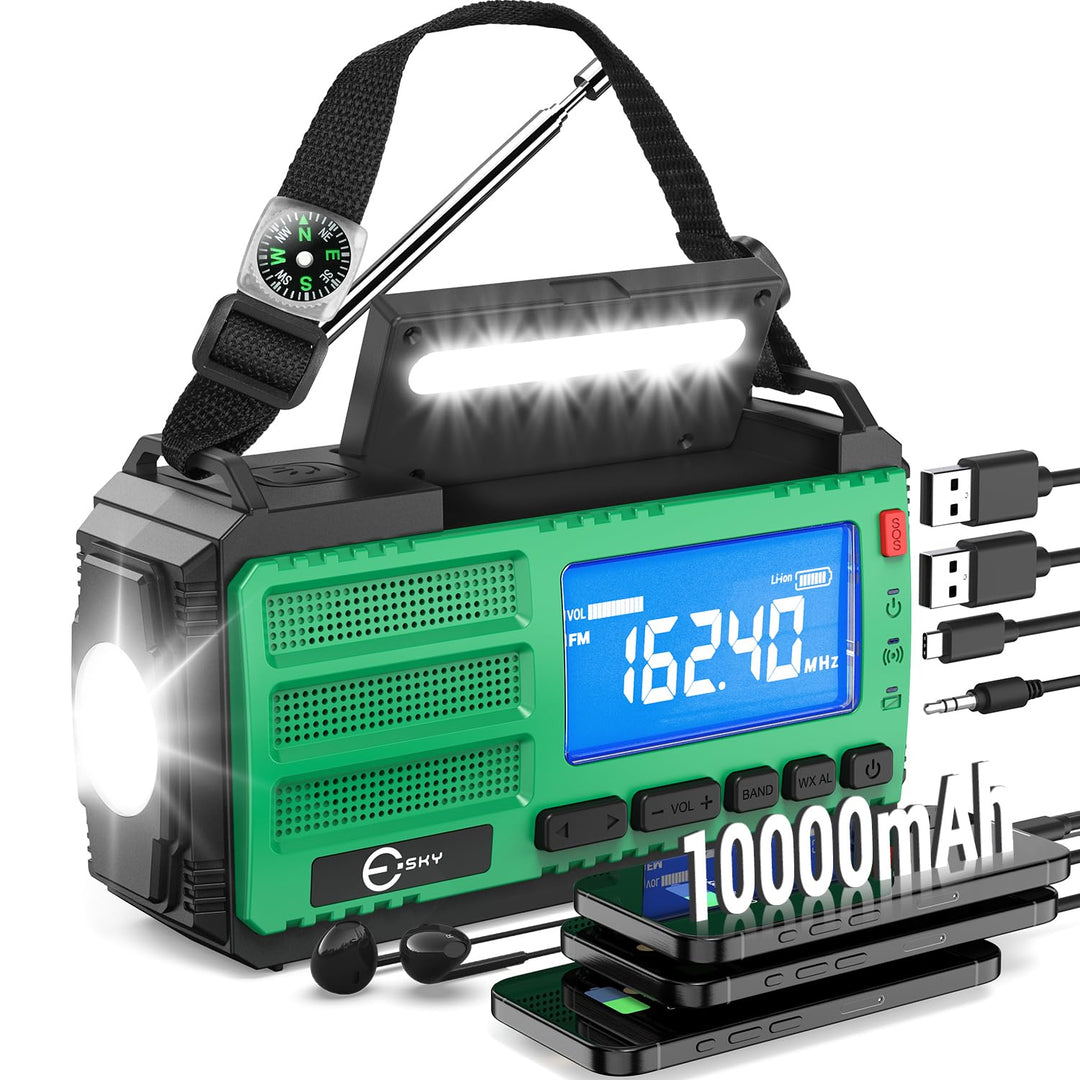 Esky Kurbelradio, AM/FM/NOAA 7 in 1 Notfallradio mit 10000mAh Akku Wiederaufladbare 3 Lademodi Tragb