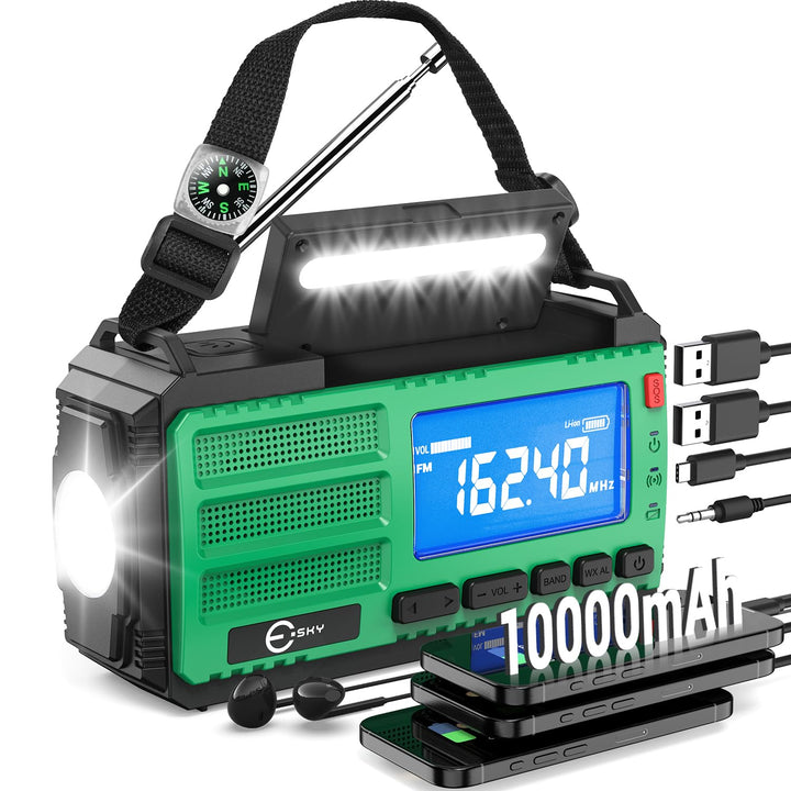 Esky Kurbelradio, AM/FM/NOAA 7 in 1 Notfallradio mit 10000mAh Akku Wiederaufladbare 3 Lademodi Tragb