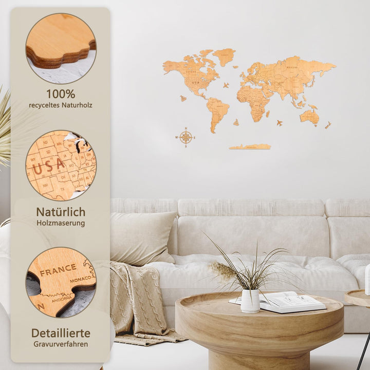 Creawoo Weltkarte Wanddekoration aus Holz, Natur Weltkarte Reisekarte Wanddeko Wandkunst für Büro, W