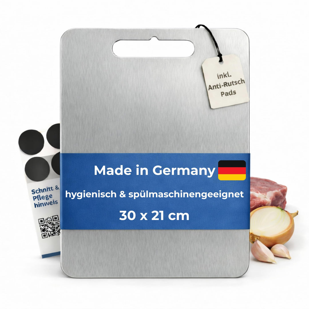 Edelstahl Schneidebrett - Hygienisch, Spülmaschinengeeignet & Rutschfest - Made in Germany - Gr. 30x
